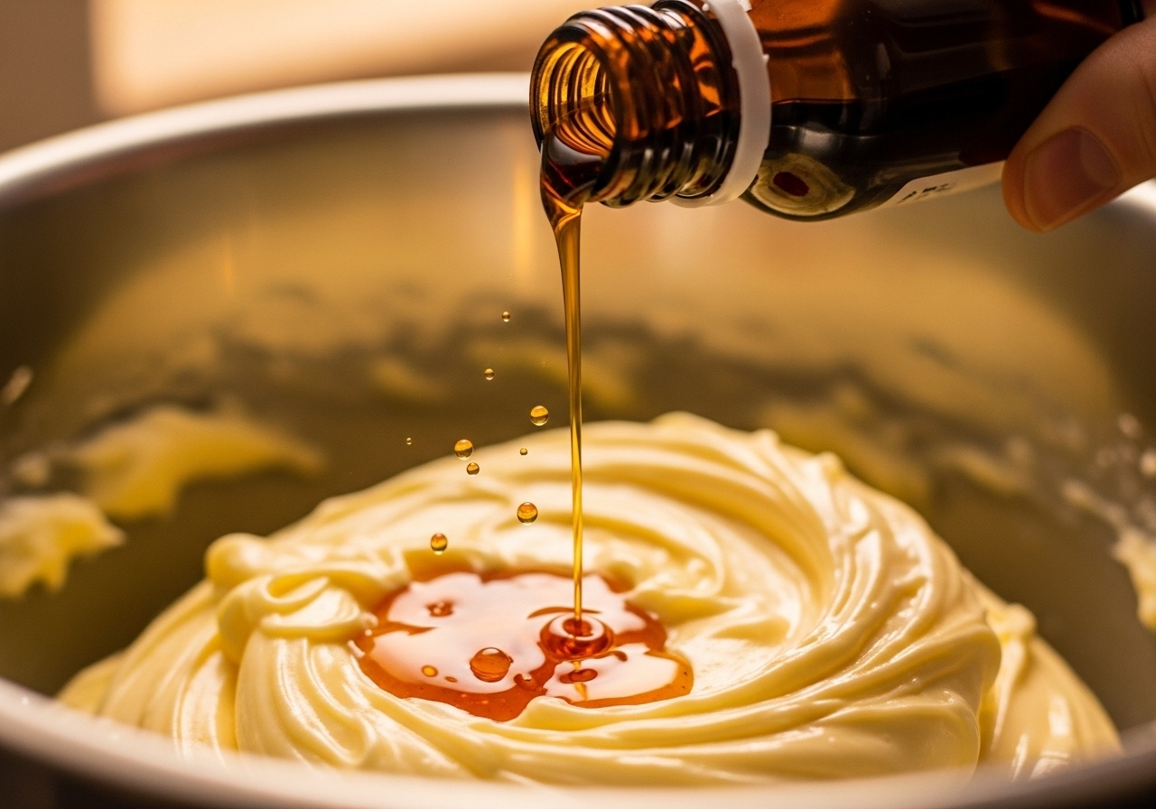 Vanilla extract being poured from a brown bottle into creamed butter mixture