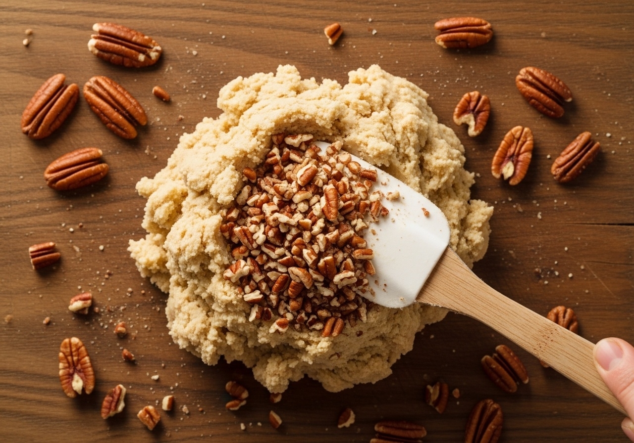 Finely chopped pecans being folded into pale cookie dough with a wooden spatula