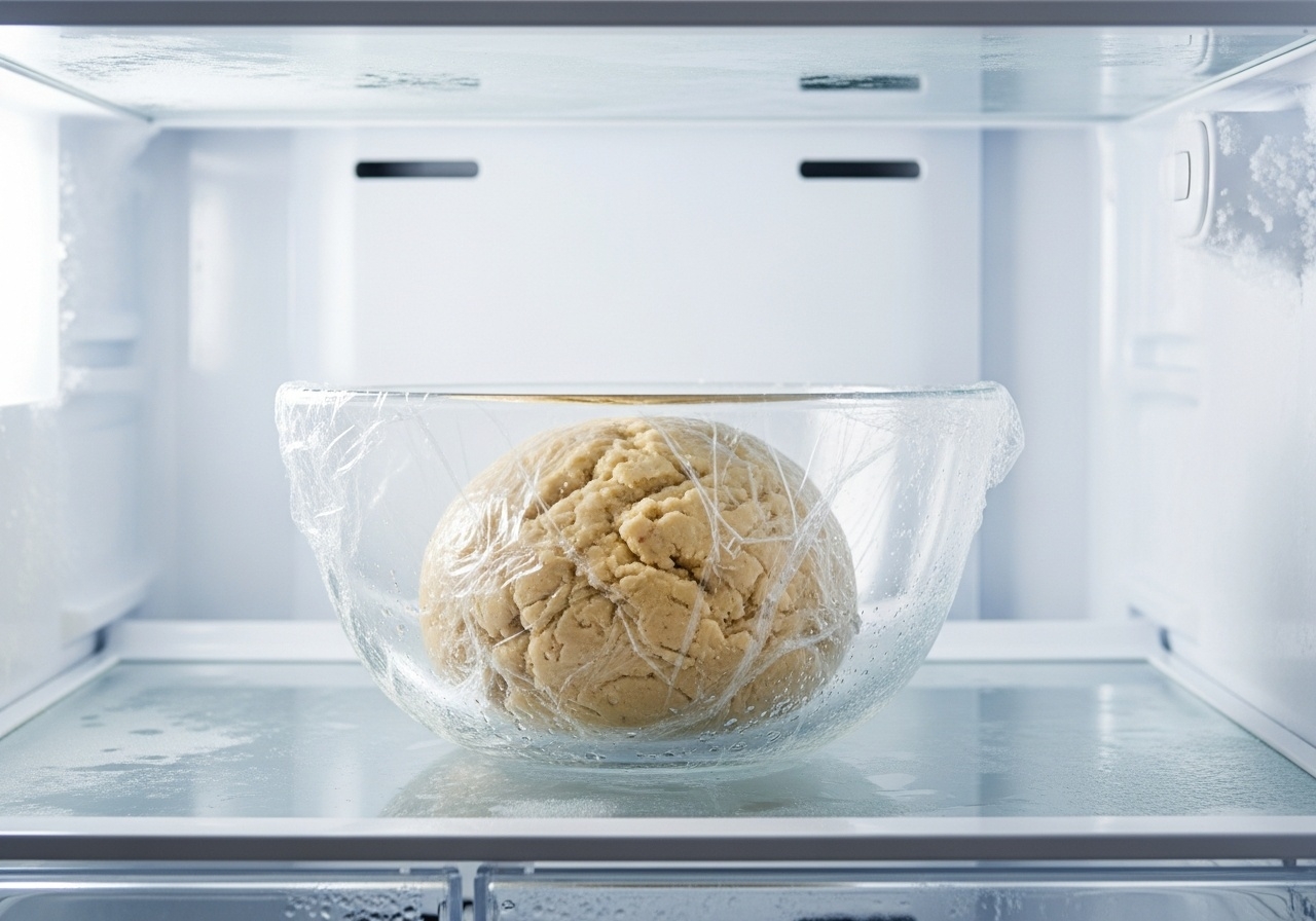 Cookie dough wrapped in plastic wrap chilling in the refrigerator